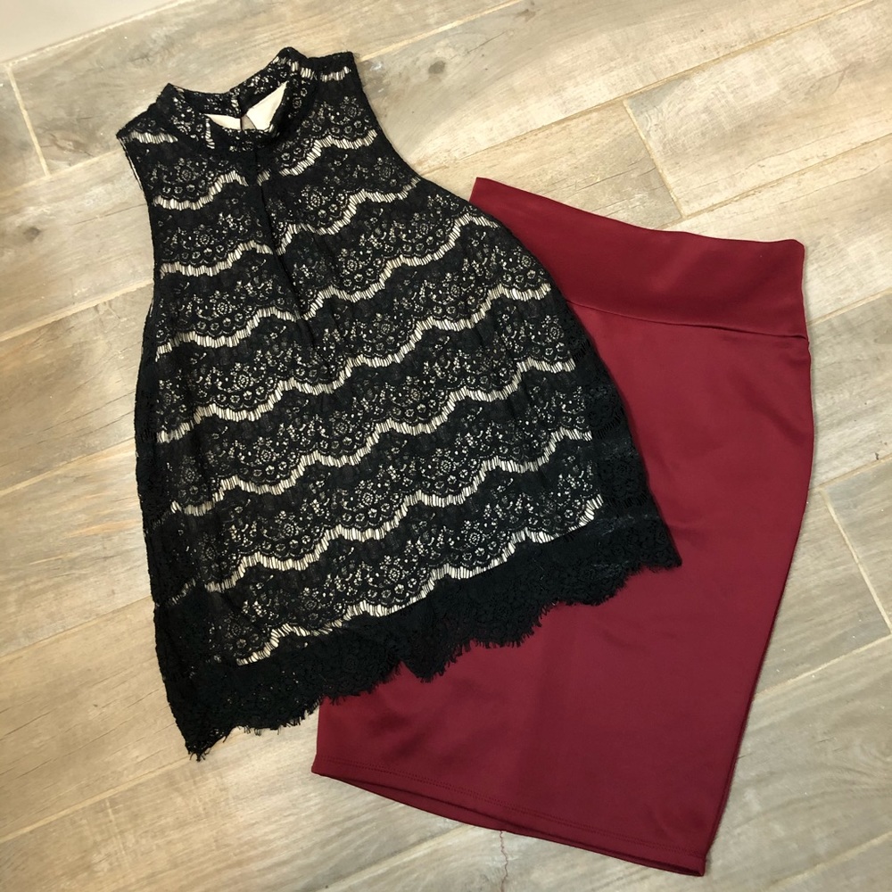 EUC black lacey top and red pencil skirt